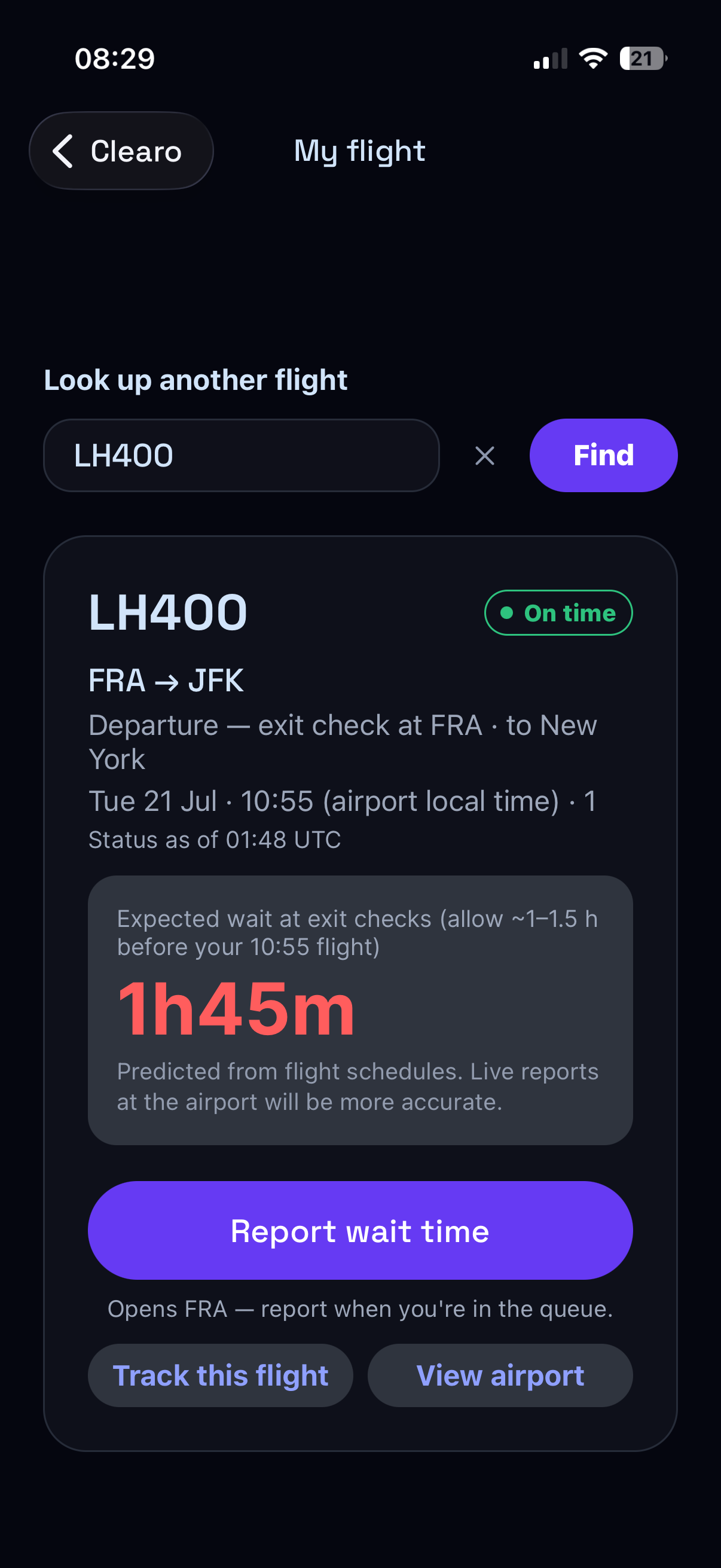 Clearo My Flight result for LH400 showing the expected exit-check wait